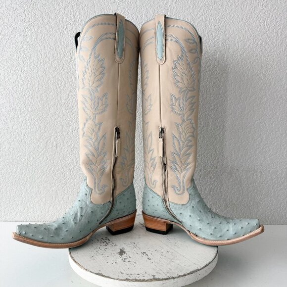 Lane SANDAGA Knee High Womens Cowboy Boots Blue Ostrich Western Tall Size 7.5 - Picture 8 of 14